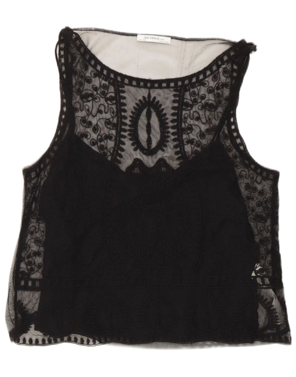 Zara Damen Trafaluc ärmelloses Blusenoberteil UK 14 Large Schwarz geblümt