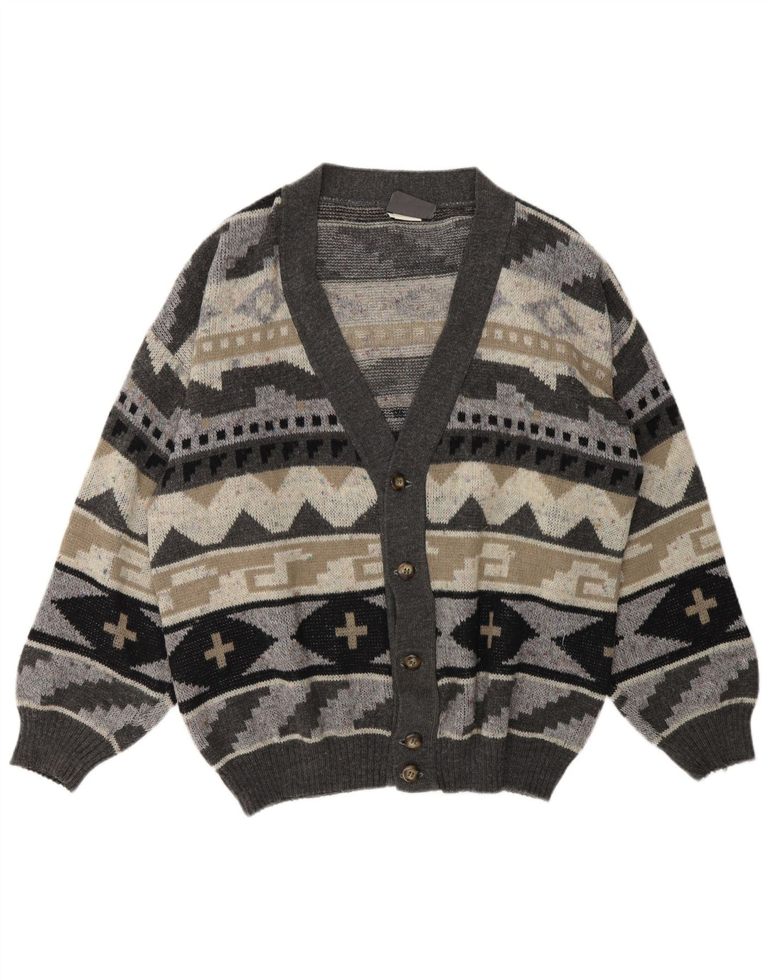VINTAGE Herren Cardigan Pullover XL Grau Geometrisch Acryl