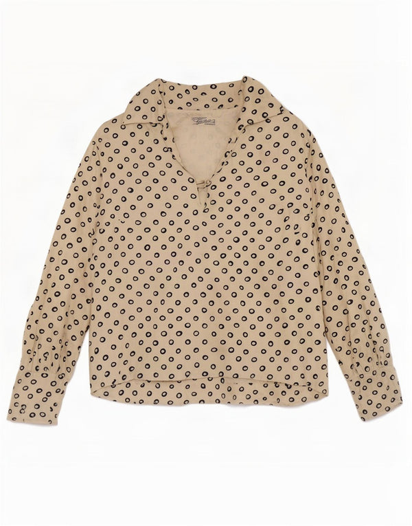 Vintage Damen Crop 3/4 Ärmel Bluse Top UK 12 Mittelbeige gefleckt