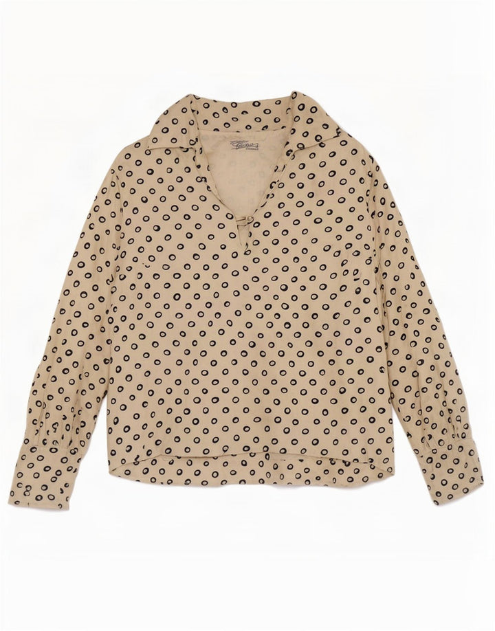Vintage Damen Crop 3/4 Ärmel Bluse Top UK 12 Mittelbeige gefleckt