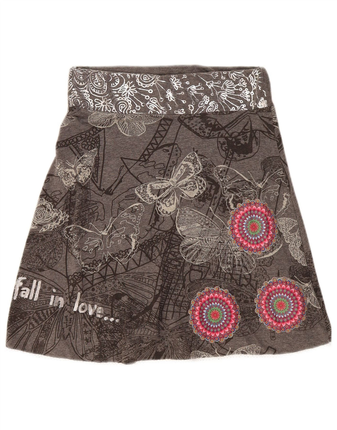 Desigual Womens Graphic A-Line Rock Medium W30 Grau geblümte Baumwolle