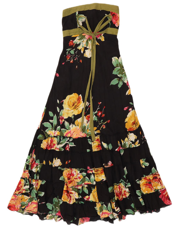 VINTAGE Maxi-Trägerloses Damenkleid UK 14 Mittelschwarze geblümte Baumwolle