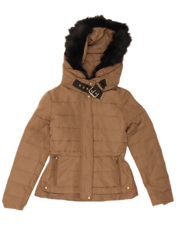 Zara Damen-Jacke mit Kapuze, gepolstert, Größe 10, Braun