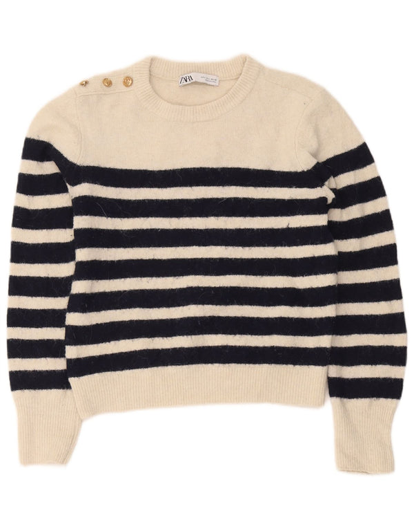 Zara Damen-Pullover mit Rundhalsausschnitt, Gr. 44, groß, cremefarben gestreift