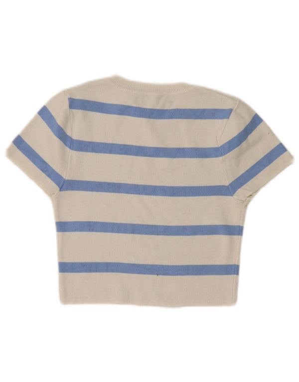 Zara Damen Crop Crew Neck Pullover Pullover UK 12 Mittelweiß gestreift