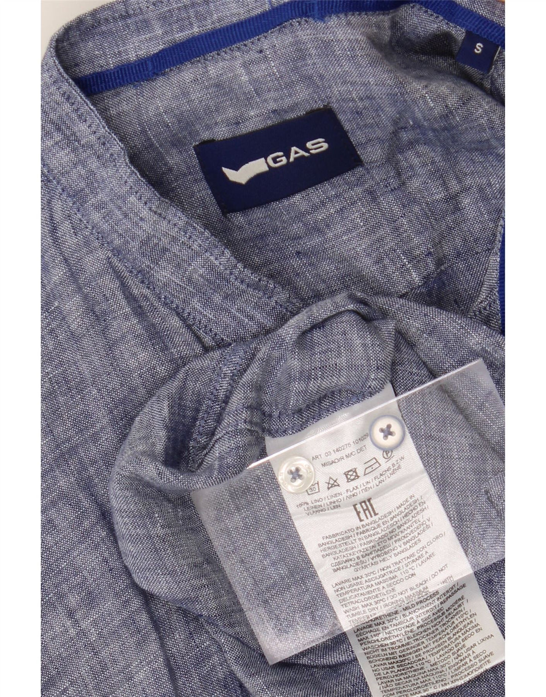 GAS Mens Short Sleeve Pullover Shirt Small Blue Linen Vintage Gas and Second-Hand Gas from Messina Hembry 