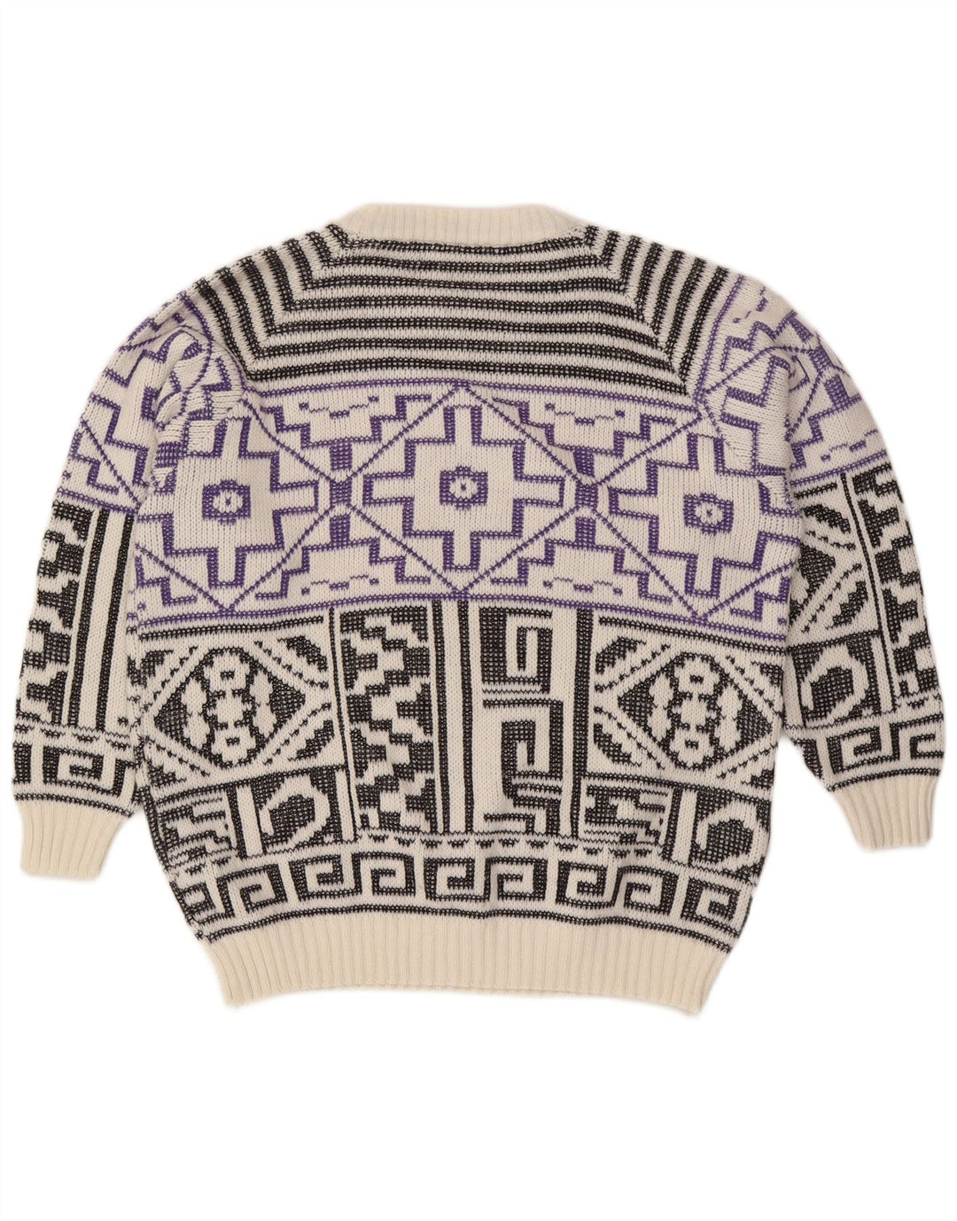 Vintage Herren-Pullover mit Rundhalsausschnitt, große weiße geometrische Wolle