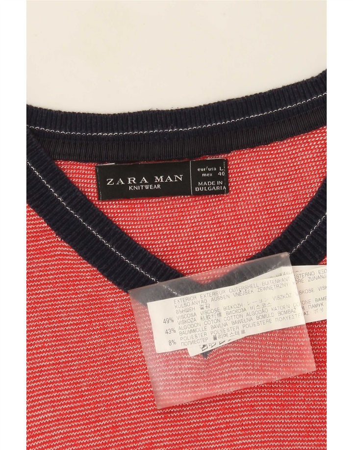 Zara Herren-Pullover mit V-Ausschnitt, groß, rote Farbblock-Viskose