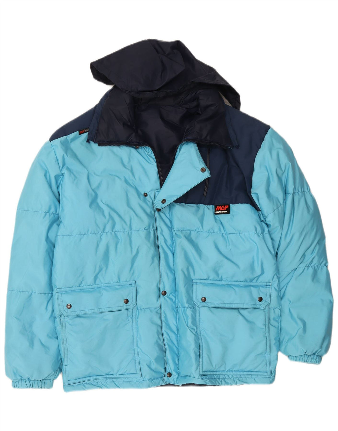 Wattierte Vintage-Jacke für Herren mit Kapuze, IT 48, mittelblaues Colourblock-Polyamid