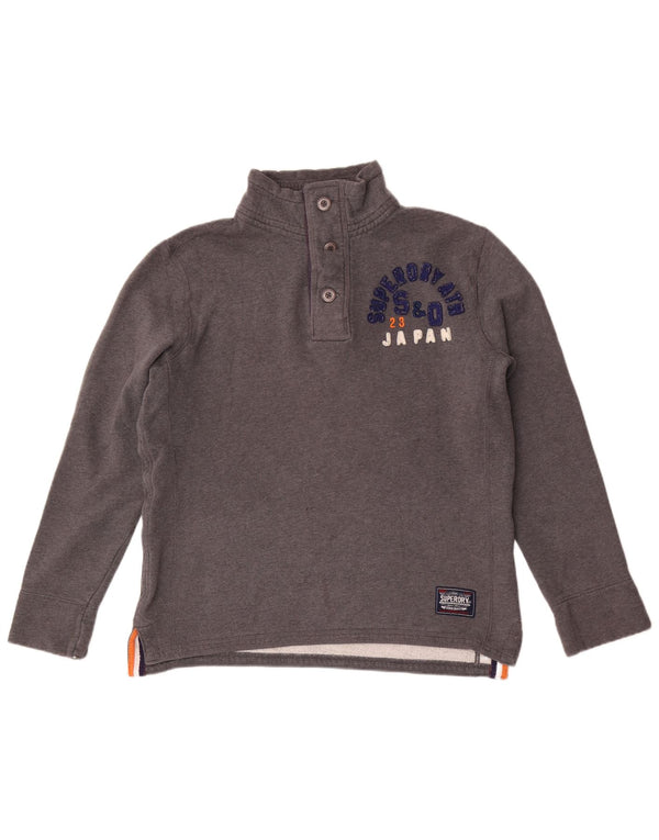 Superdry Herren-Sweatshirt mit grafischem Knopfkragen, Größe L, aus grauer Baumwolle