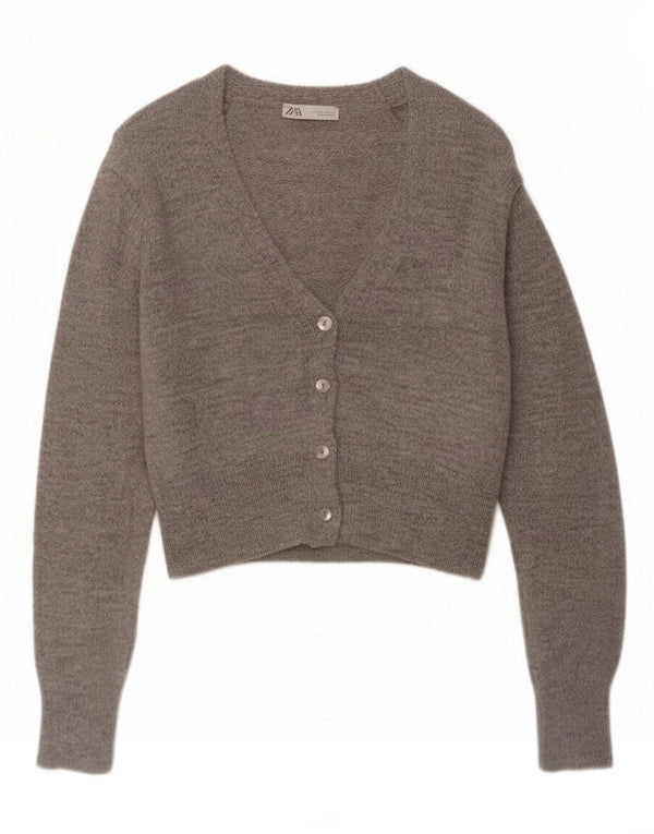Zara Damen Crop Cardigan Pullover UK 14 Mittelgraues Acryl