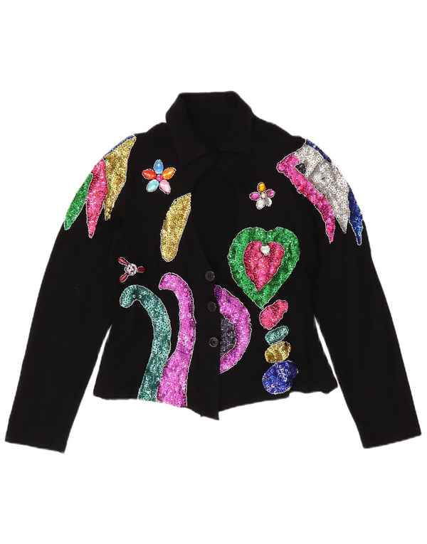 VINTAGE Damen Crop Shirt Bluse UK 12 Medium Schwarz Floral Spandex