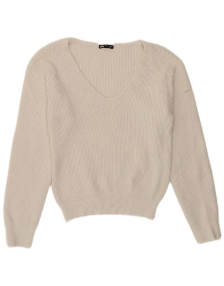 Zara Damen-Pullover mit V-Ausschnitt, Gr. 10, Größe S, Weiß, Polyester