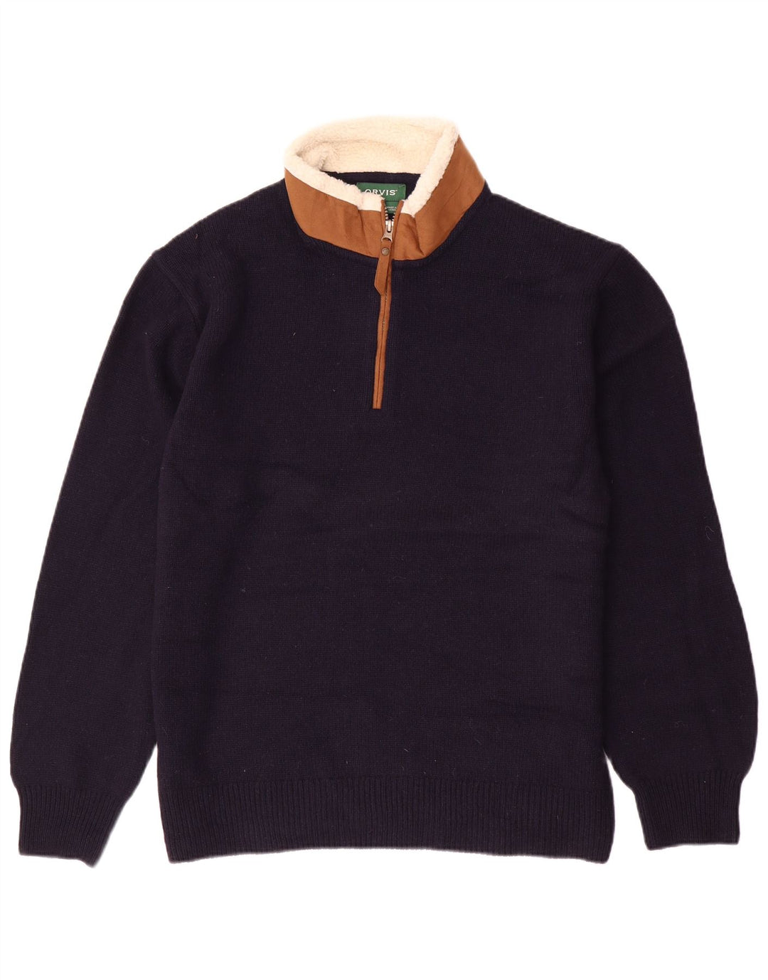 ORVIS Herren-Pullover mit Reißverschluss am Hals, groß, marineblaue Farbblock-Lammwolle