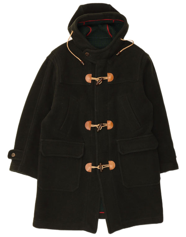 Vintage Herren Dufflecoat mit Kapuze, lockere Passform, UK 38, mittelgrüne Schurwolle