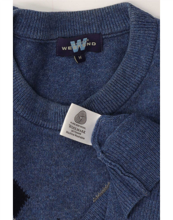 Weekend Herren-Pullover mit Rundhalsausschnitt, mittelblaue Argyle-/Diamond-Wolle
