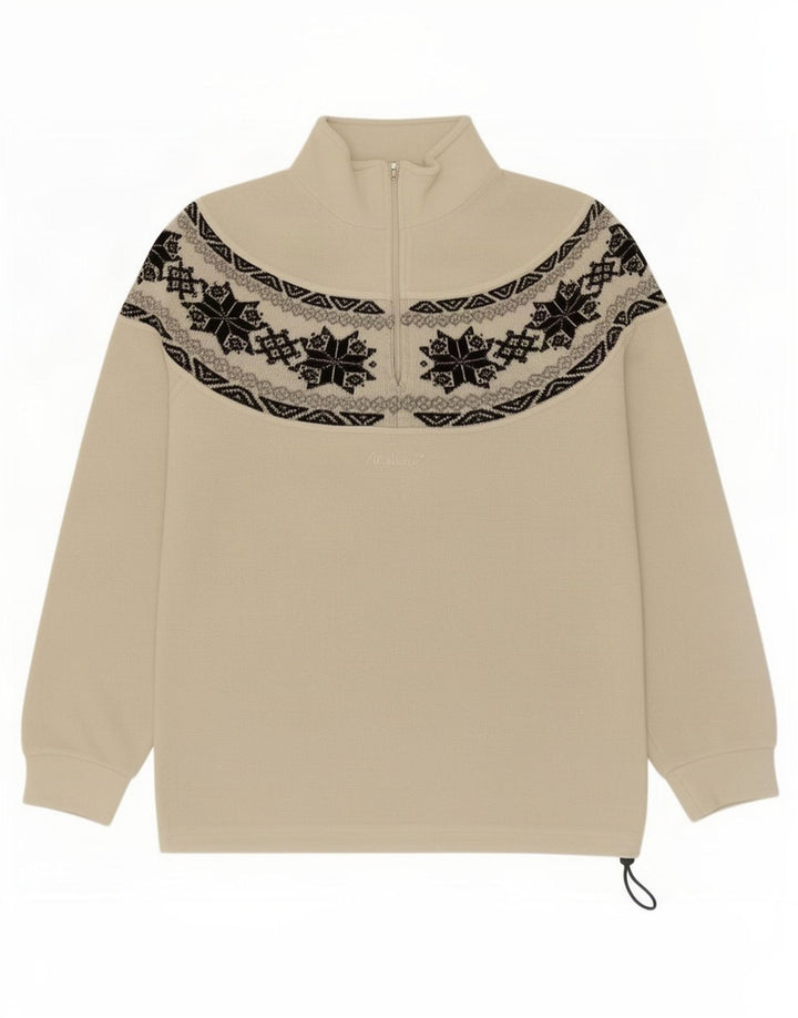 Vintage Herren-Fleecepullover mit Reißverschluss, Mittelbeige, Fair-Isle-Polyester