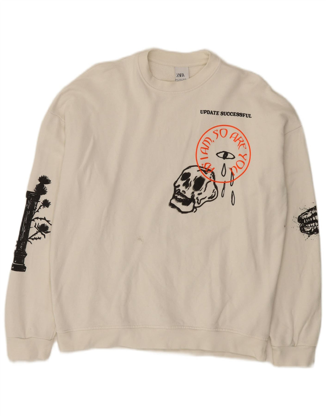 Zara Herren-Sweatshirt mit Grafik, Größe S, weiße Baumwolle