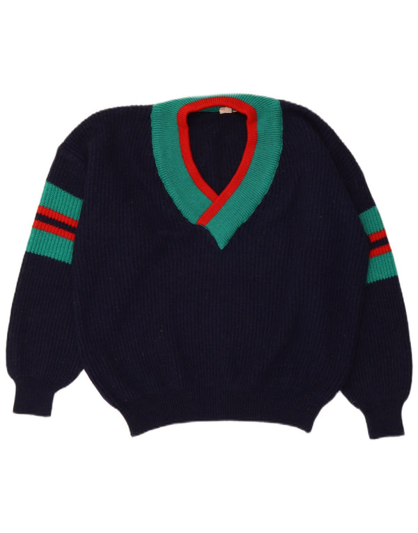 VINTAGE Damen Crop Pullover mit V-Ausschnitt IT 48/50 XL Marineblau gestreift