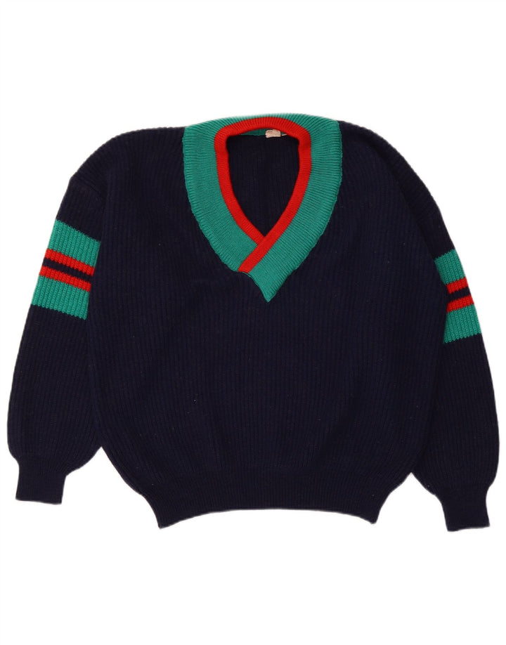 VINTAGE Damen Crop Pullover mit V-Ausschnitt IT 48/50 XL Marineblau gestreift