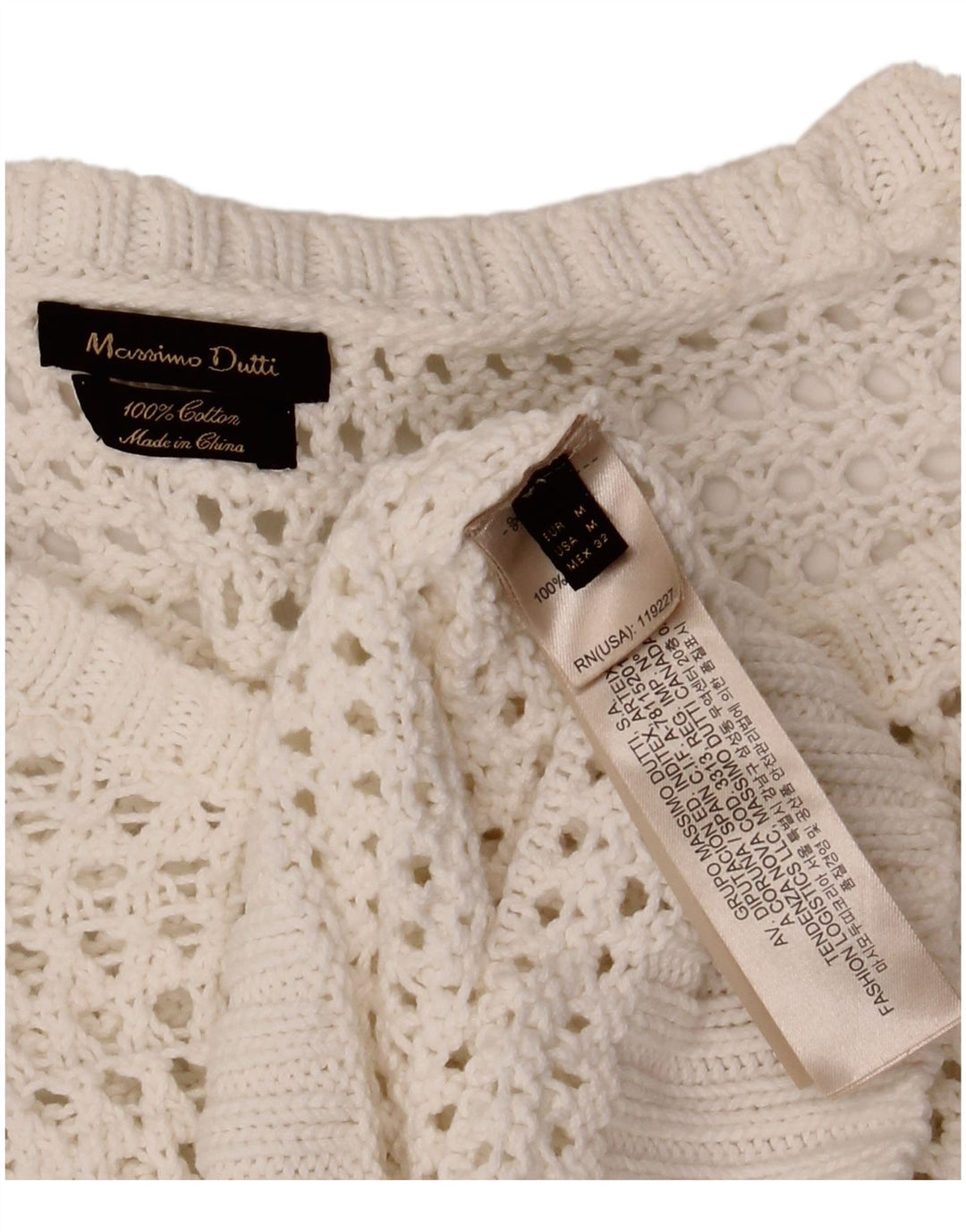 MASSIMO DUTTI Damen Häkelpullover mit U-Boot-Ausschnitt, UK 12, Mittelweiß
