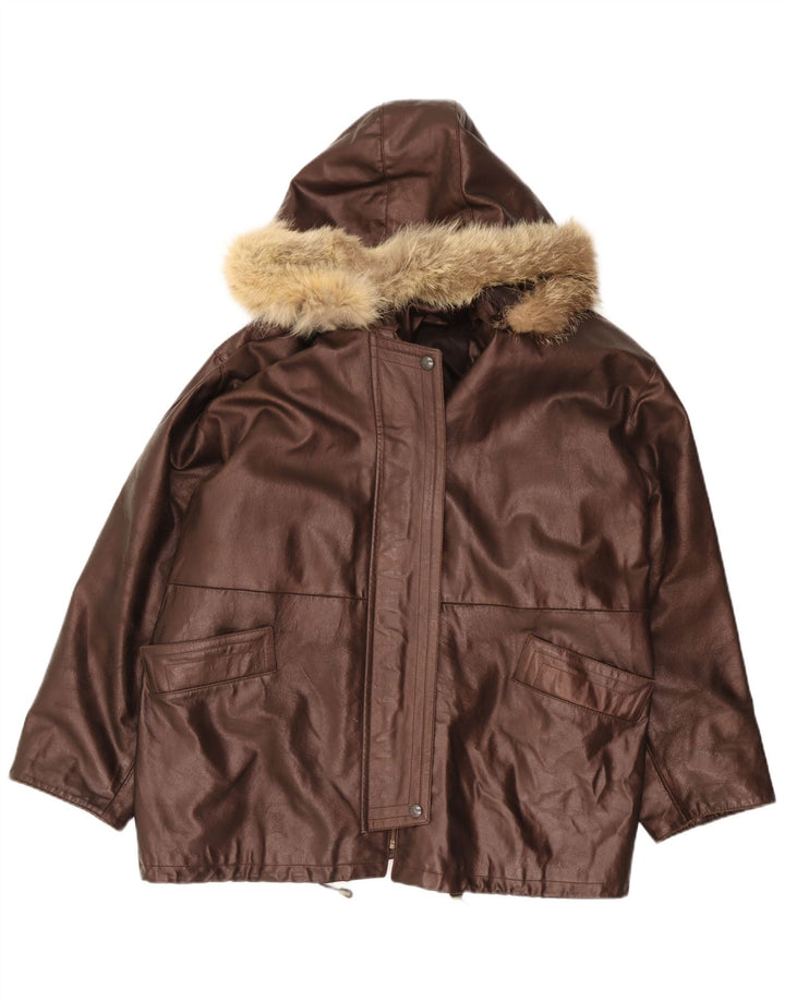 Vintage Damen-Kapuzen-Übergröße-Lederjacke IT 48 XL Braun