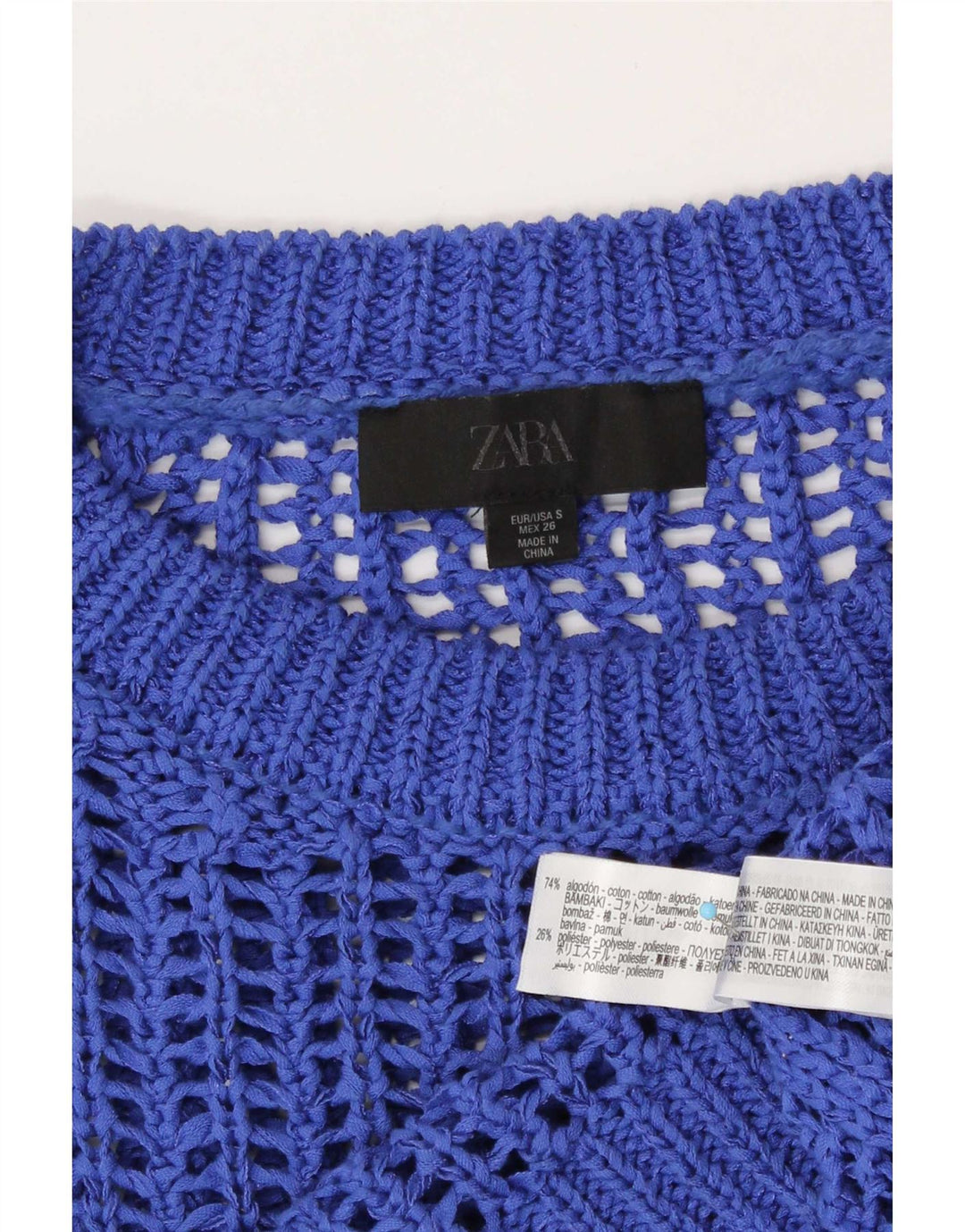 Zara Damen Übergroßes durchsichtiges Strick-Crop-Top UK 10 Small Blaue Baumwolle