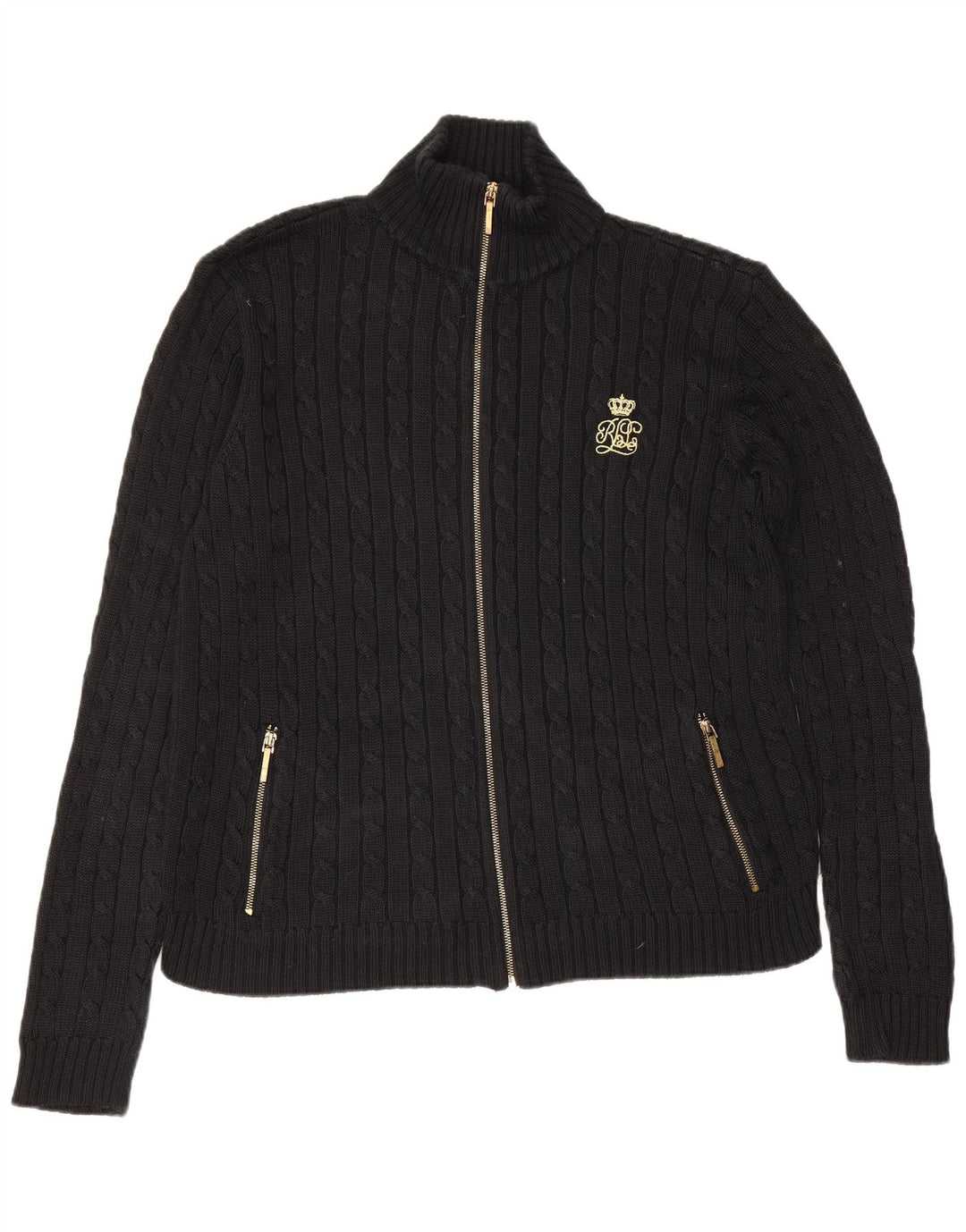 Ralph Lauren Damen-Cardigan-Pullover UK 14 Mittelschwarze Baumwolle