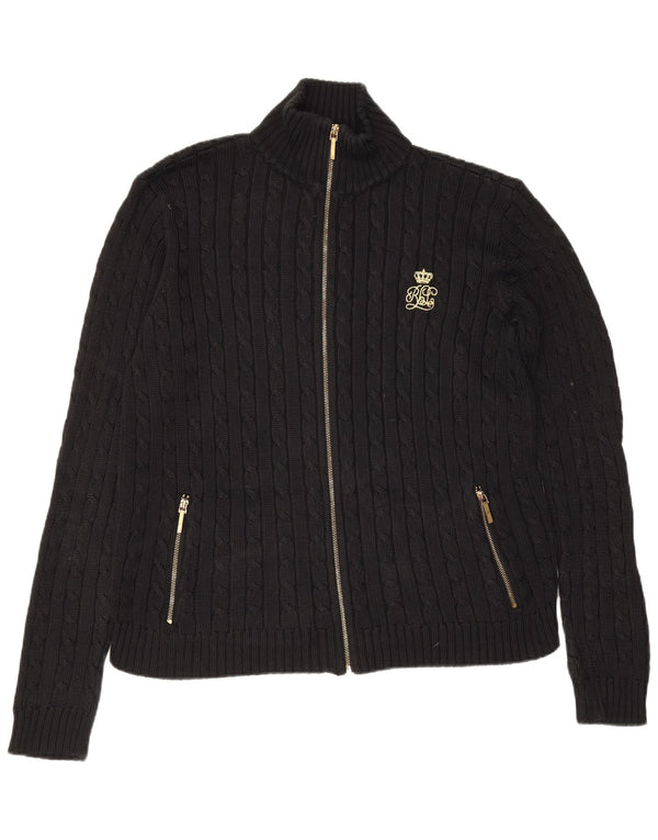 Ralph Lauren Damen-Cardigan-Pullover UK 14 Mittelschwarze Baumwolle