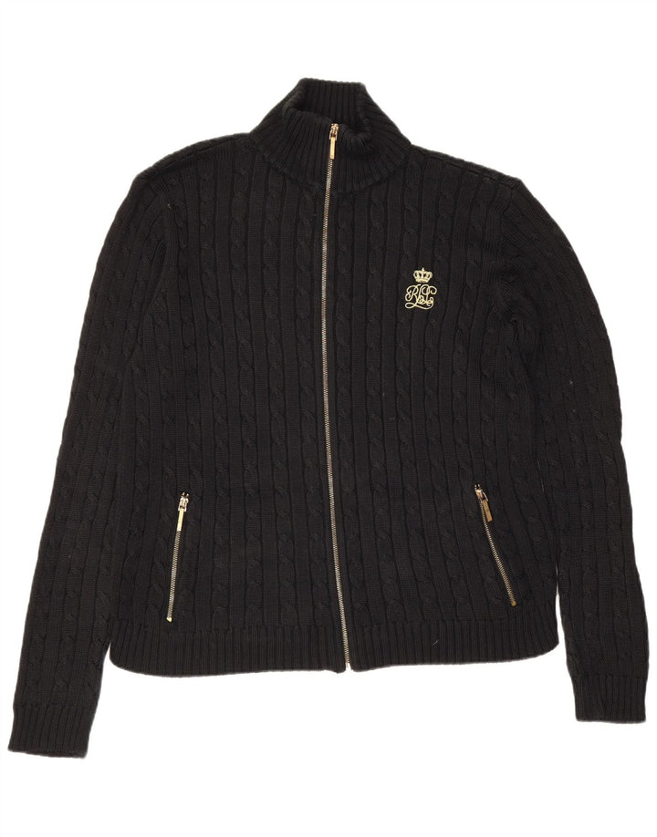Ralph Lauren Damen-Cardigan-Pullover UK 14 Mittelschwarze Baumwolle