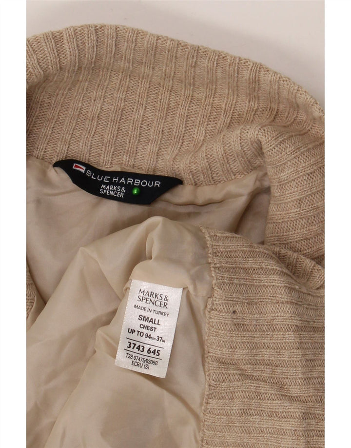 Marks & Spencer Herren Blauer Harbor-Pullover mit Reißverschluss am Hals, kleine beige Wolle