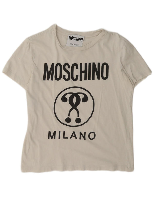 Moschino Damen Milano Graphic T-Shirt Top UK 14 Mittelweiße Baumwolle