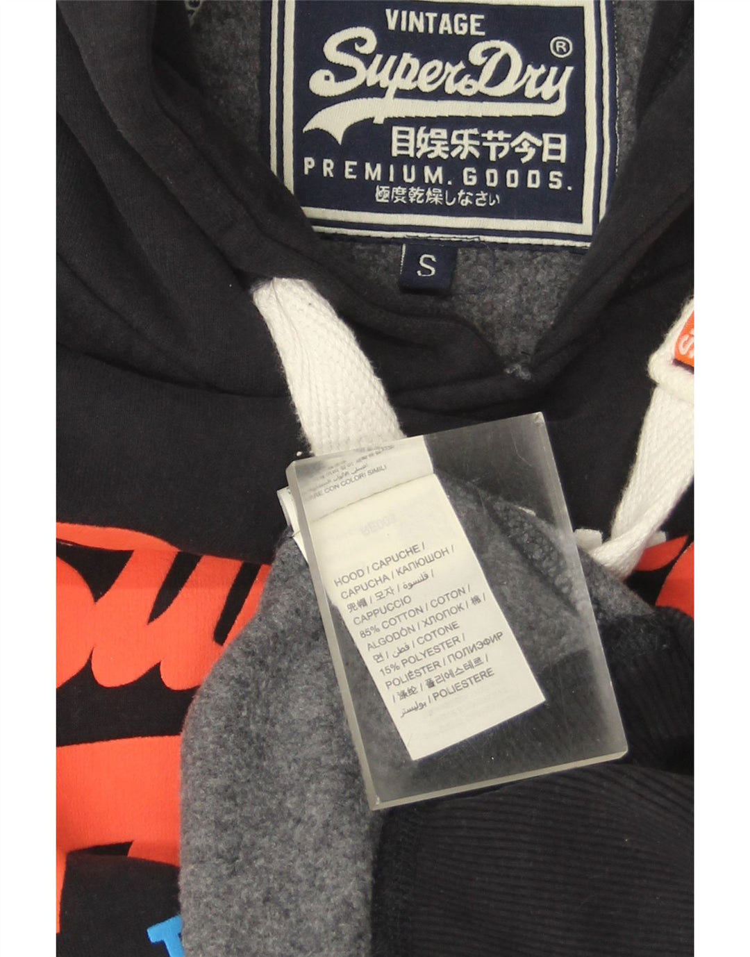 Superdry Herren-Kapuzenpullover mit Grafik, Größe S, schwarze Baumwolle