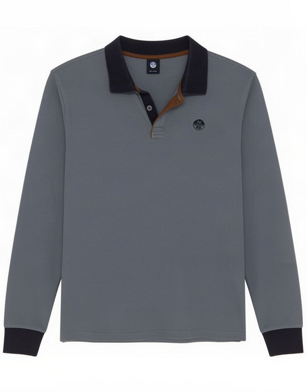 North Sails Herren-Langarm-Poloshirt, große graue Colourblock-Baumwolle