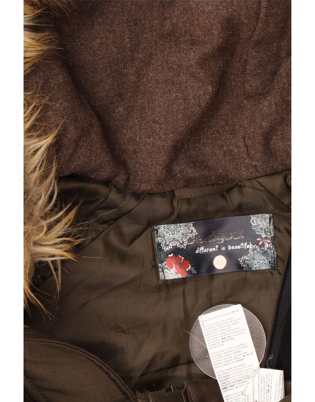 Desigual Womens Graphic Hooded Parka Jacke EU 38 Medium Khaki Baumwolle