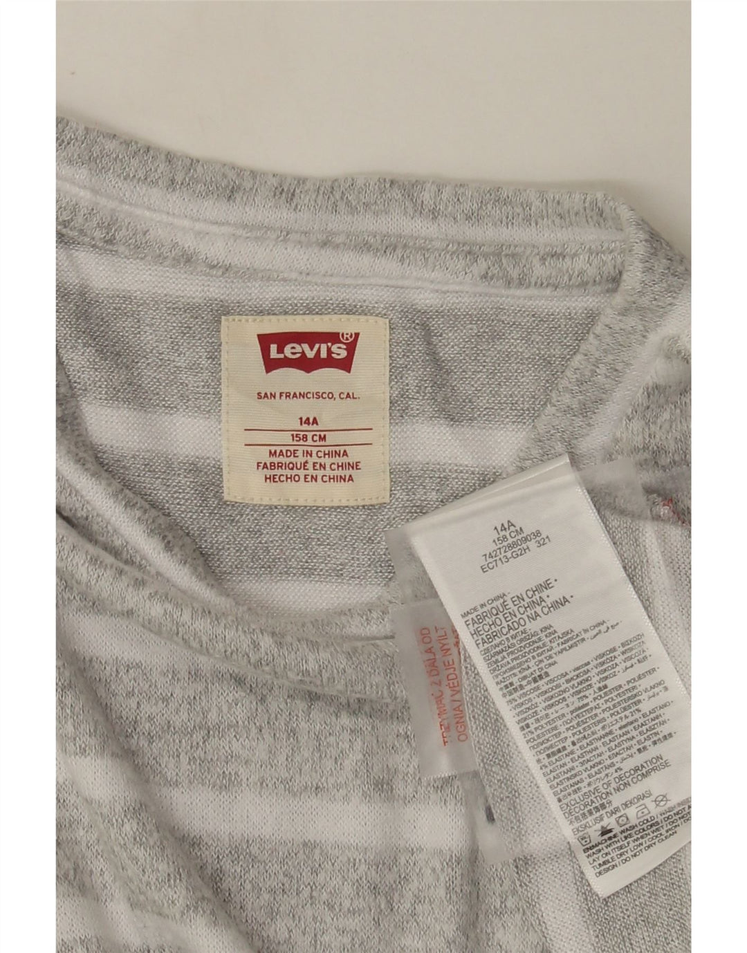 Levi's Sweatshirt-Pullover für Mädchen, 13–14 Jahre, grau gestreifte Viskose