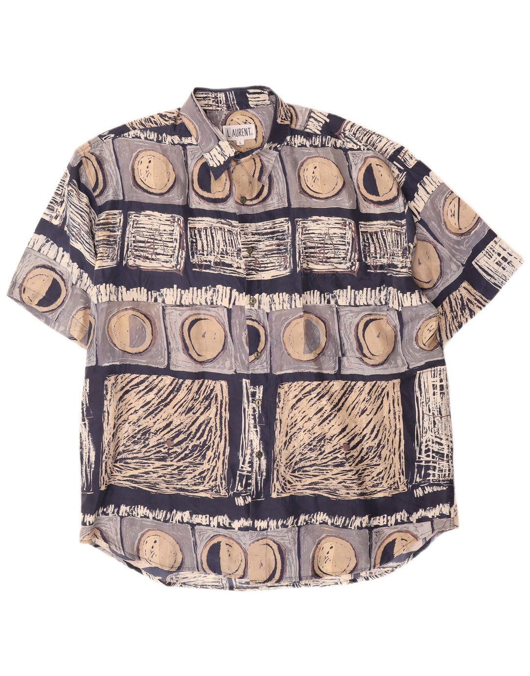 LAURENT Herren-Kurzarmhemd, groß, marineblau, geometrische Seide