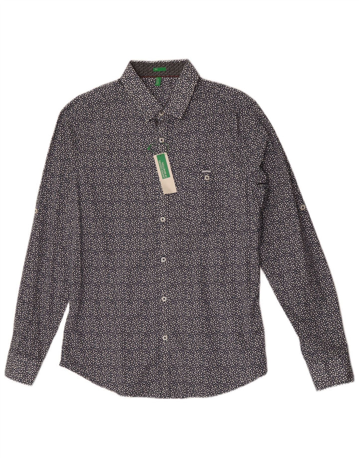 Benetton Herren Slim-Fit-Hemd aus mittelblauer Baumwolle mit Blumenmuster