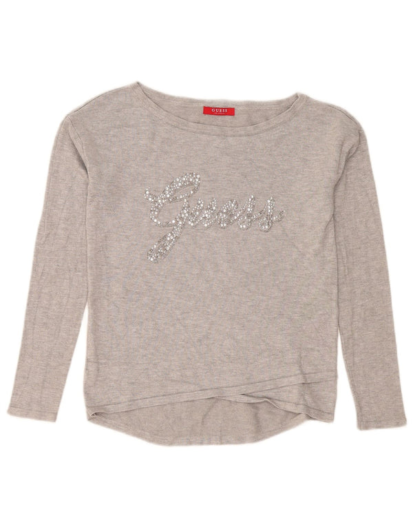 Guess Damen Graphic Top Langarm UK 10 Small Graue Viskose