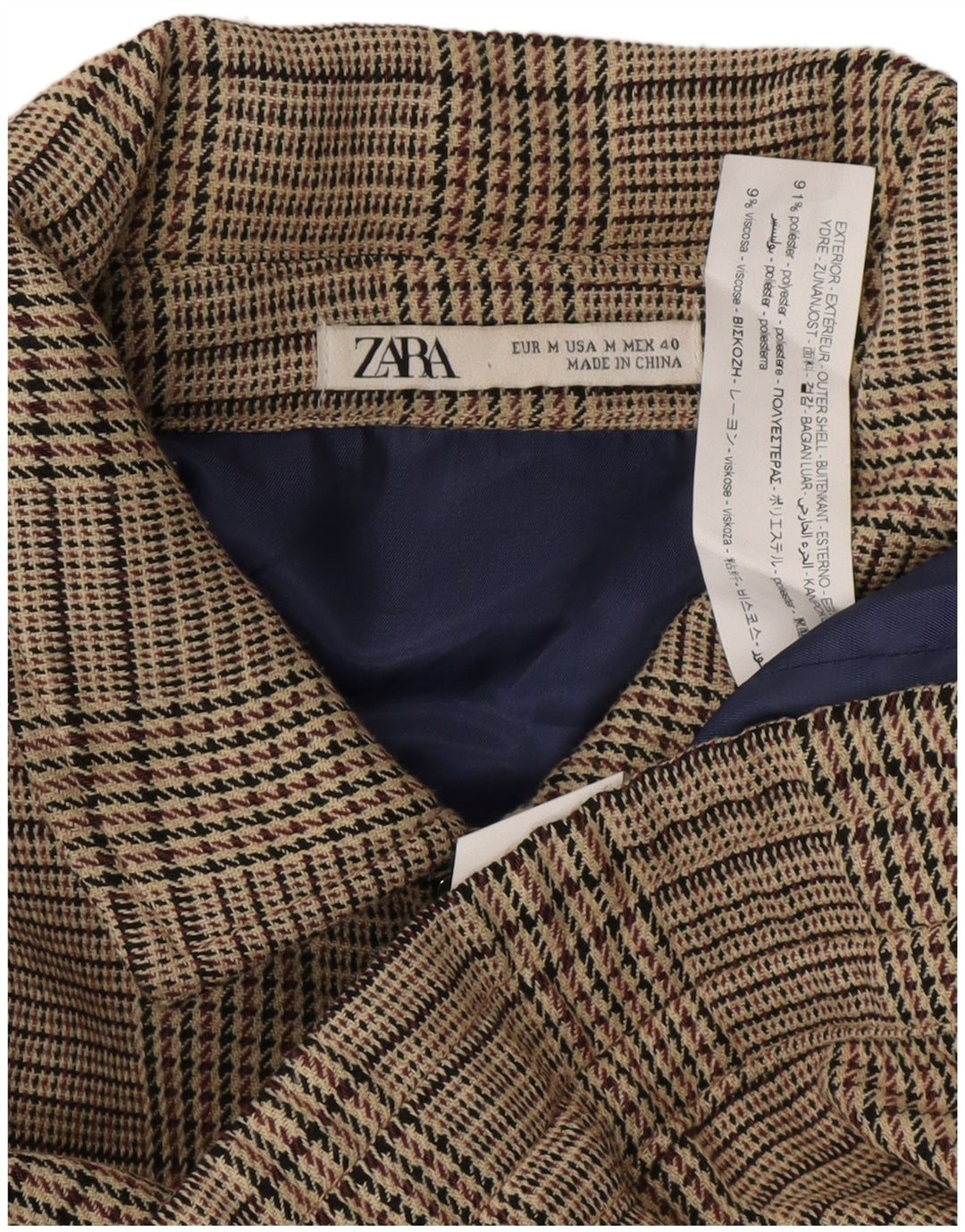 Zara Damen-Bomberjacke mit durchgehendem Reißverschluss, UK 14, mittelbeigefarbenes Karo-Polyester