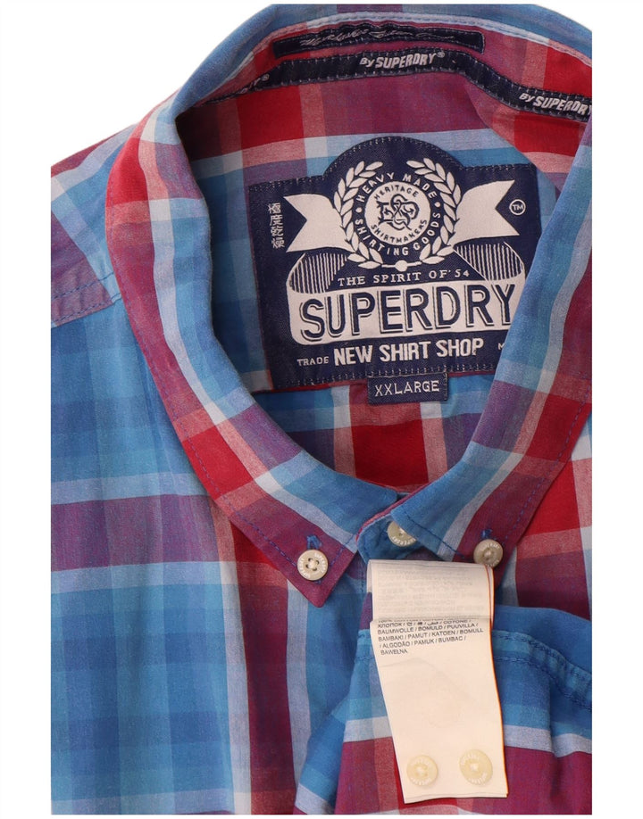 Superdry Herren-Kurzarmhemd 2XL aus blau karierter Baumwolle