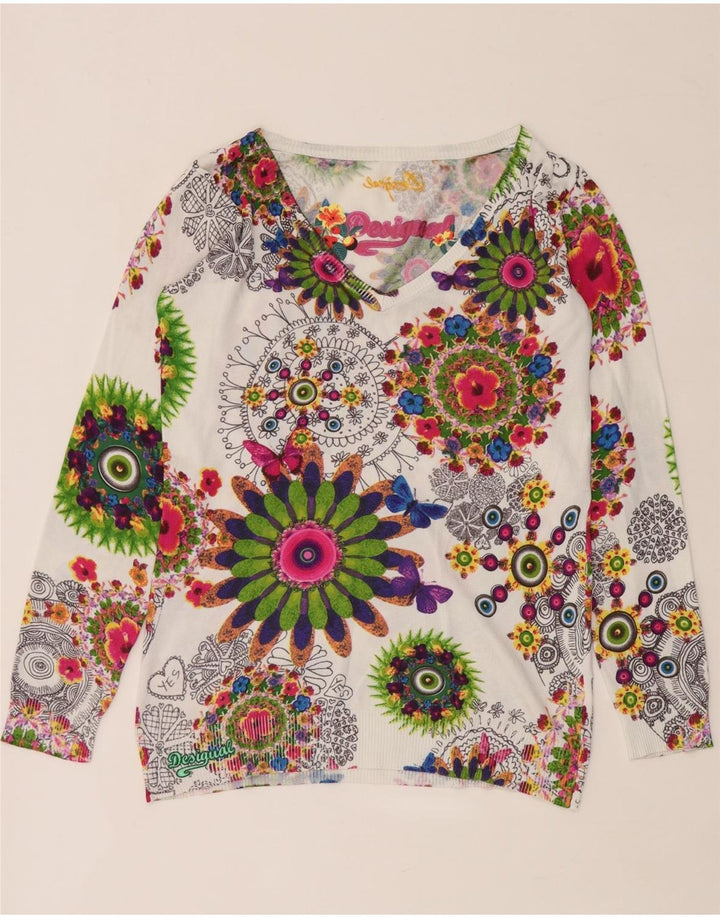 Desigual Damen-Pullover mit V-Ausschnitt, Gr. 14, mittelgroß, mehrfarbig, Blumenmuster