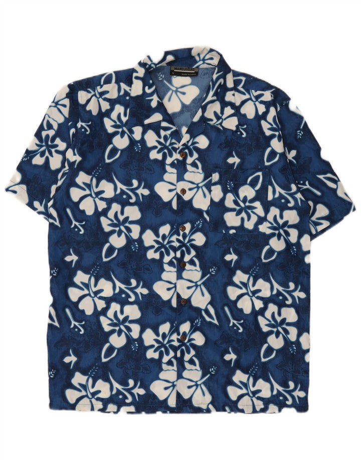 Vintage Herren Kurzarmhemd Kleines blaues Blumenmuster aus Polyester