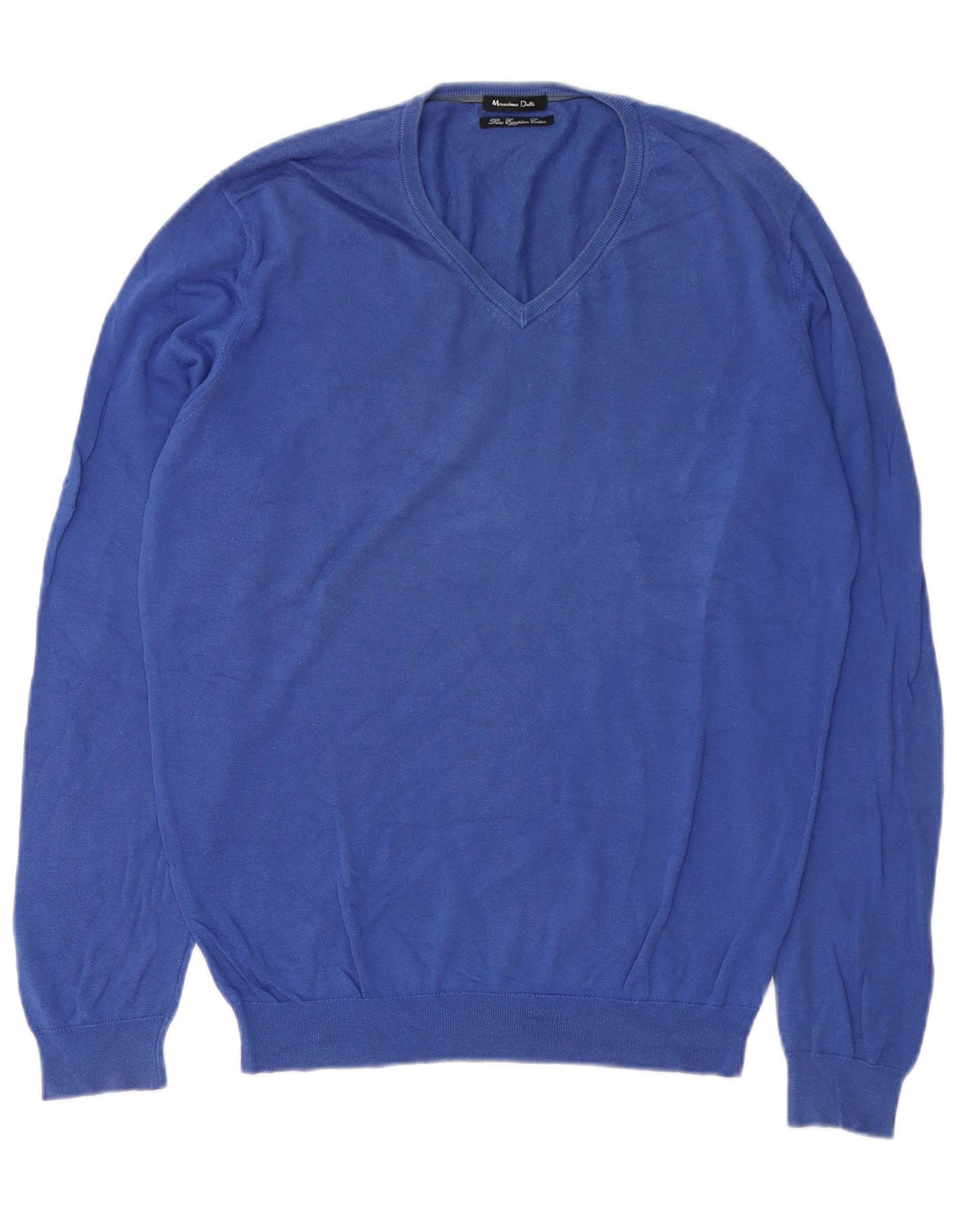 Massimo Dutti Herren-Pullover mit V-Ausschnitt aus mittelblauer Baumwolle