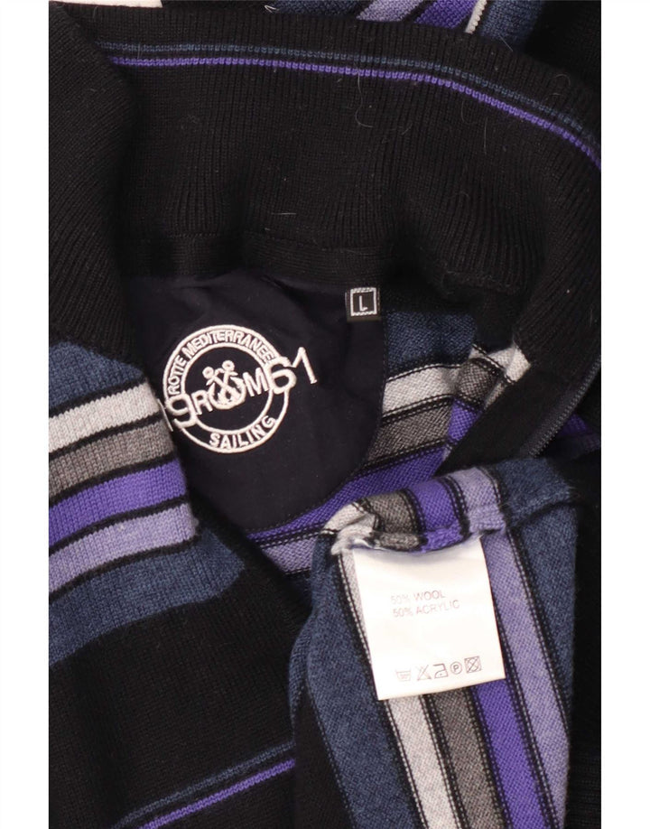 Vintage Herren-Pullover mit Reißverschluss, groß, schwarz gestreift, Wolle