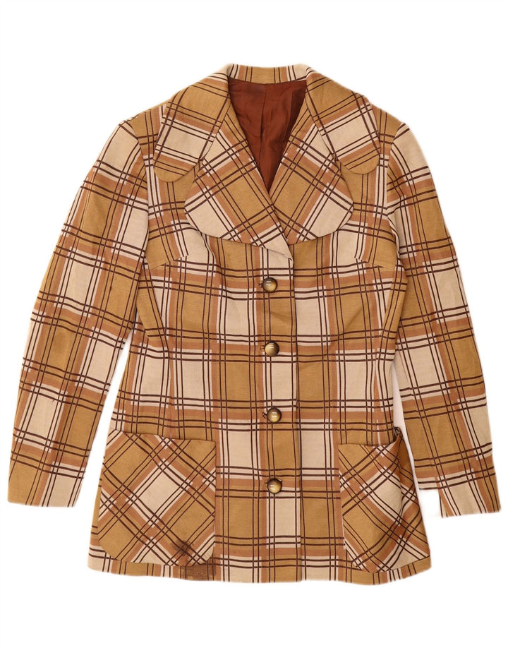 Vintage Damen 4-Knopf-Blazerjacke UK 12 Mittelbeige kariert