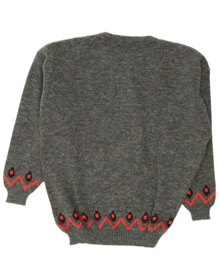 Vintage Herren Pullover mit Rundhalsausschnitt, groß, grau, geometrisch, Polyacryl