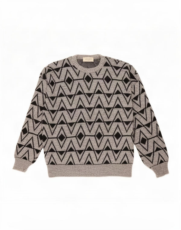 Vintage Herren Pullover mit Rundhalsausschnitt, groß, grau, geometrisch, Acryl