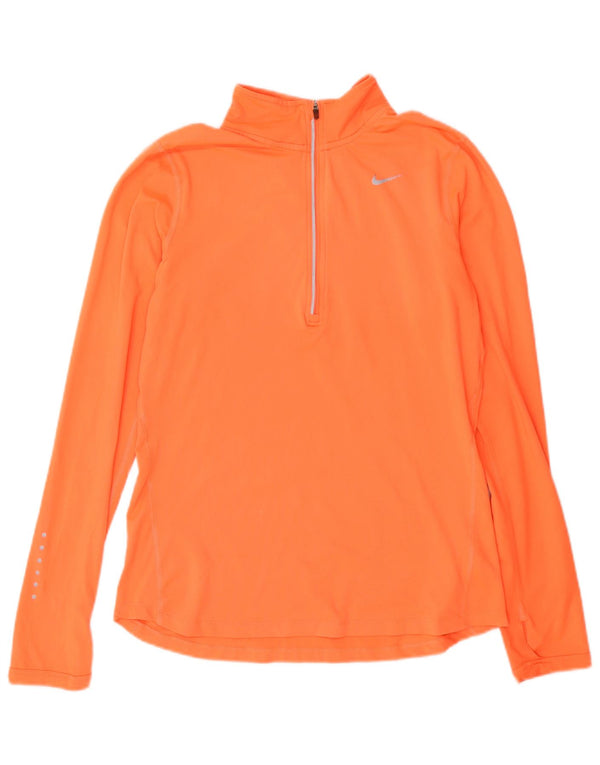 Nike Damen Dri Fit Zip Neck Top Langarm UK 10 Small Orange Polyester