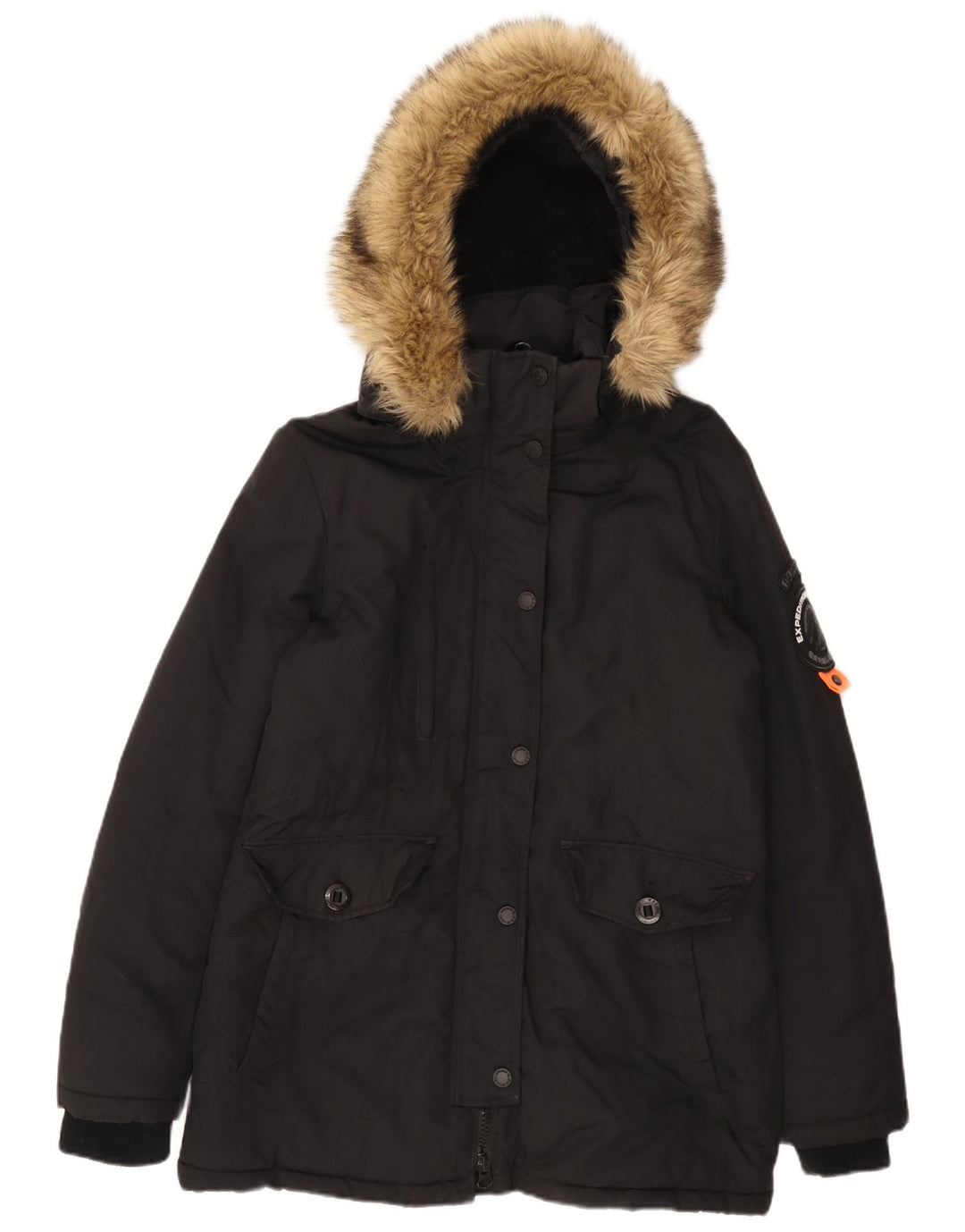 Superdry Parka-Jacke mit Kapuze für Damen, UK 14, Größe L, schwarzes Nylon